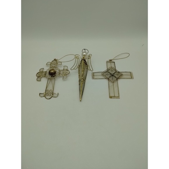 The Unbranded Brand Other - Set Of 3 Stain Glass Look Christmas Ornaments Angel Cross Made From Shell?